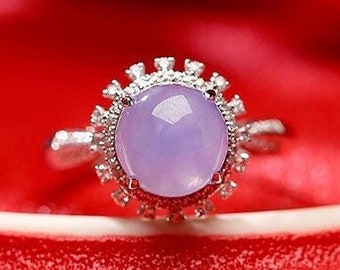 Natural Purple Violet Jade Cabochon Cut & White Diamond 18K Solid Yellow Gold Cluster Jade Ring, Jade Cabochon Round Shape Gemstone
