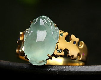 Frog Natural Jade & Tsavorite, Ruby 18K Solid Yellow Gold Handmade Jade Ring, Frog Ring, Carving Ring