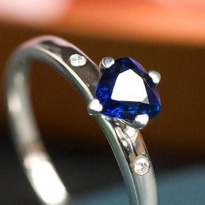 Natural Blue Sapphire Trillion Cut & White Diamond 18K Solid White Gold ...