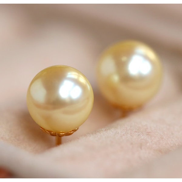 7mm Natürliche Goldene Südseeperle 18K Gelbgold Perle Ohrstecker | Geschenkidee | Goldene Perlen Ohrringe | Feiner Schmuck