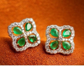 Eight Natural Emerald Diamond Flower Earrings, 18k Solid White Gold Earrings, Cluster Four Leaf Clover Earrings, Anniversary Gift Idea