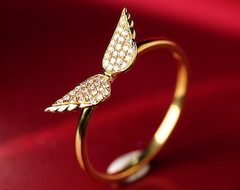 Wing Natural White Diamond 18K Solid Yellow Gold Handmade Diamond Ring | Wing Ring | Gift Idea | Anniversary Gift