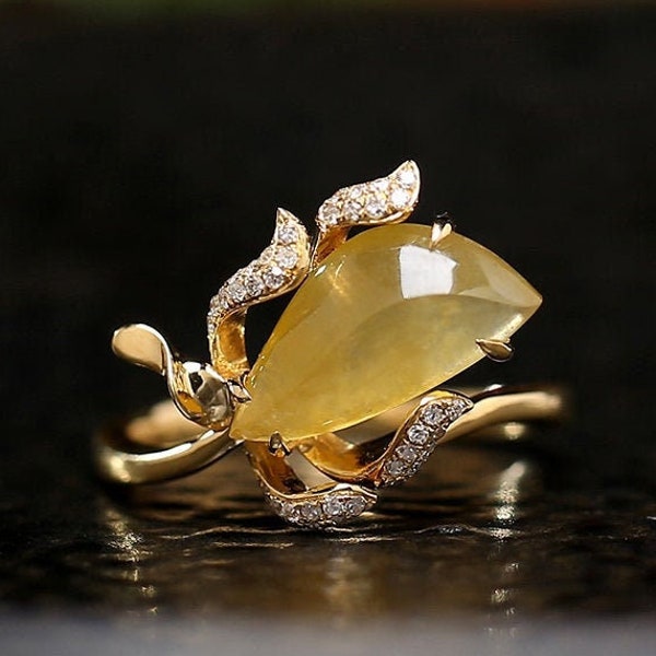 Natural Yellow Jade & White Diamond 18K Solid Yellow Gold Handmade Yellow Jade Ring, Leaf Ring, Cluster Ring