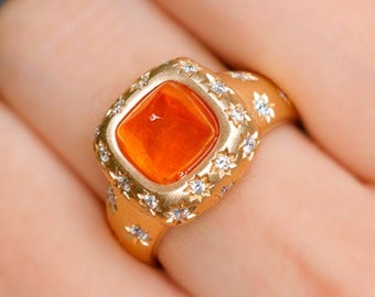 Carved Star Ring 3.8ct Fanta Garnet Sugar Loaf 18K Ring, 18K Solid Yellow Gold Matte Finish Ring, Spessartite Garnet Ring