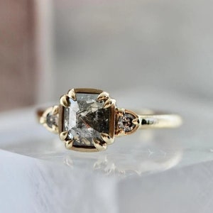 1.3ct Emerald Cut Salt and Pepper Diamond Ring 18K Yellow Gold - Etsy