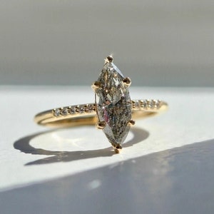 Galaxy Night 1.7CT Salt & Pepper Diamond Marquise Cut 18K Solid Yellow Gold Handmade Marquise Ring, Retro Jewelry, Wedding Ring Gift for her