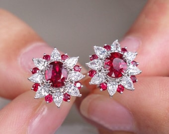 Cluster Pigeon Blood Ruby PT950 Earrings | Engagement Platinum 950 Earring | Red Gemstone Earring | Art Deco Floral Shape Earrings