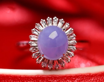 Natural Purple Violet Jade Cabochon Cut & White Diamond 18K Solid White Gold Handmade Jade Ring, Cluster Ring, Jade Cabochon Shape