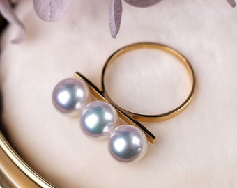 Three Akoya Pearl From Japan 18K Yellow Gold White Pink Pearl Ring | Horizontal Stone Ring | Anniversary Gift Idea | Fine Jewelry