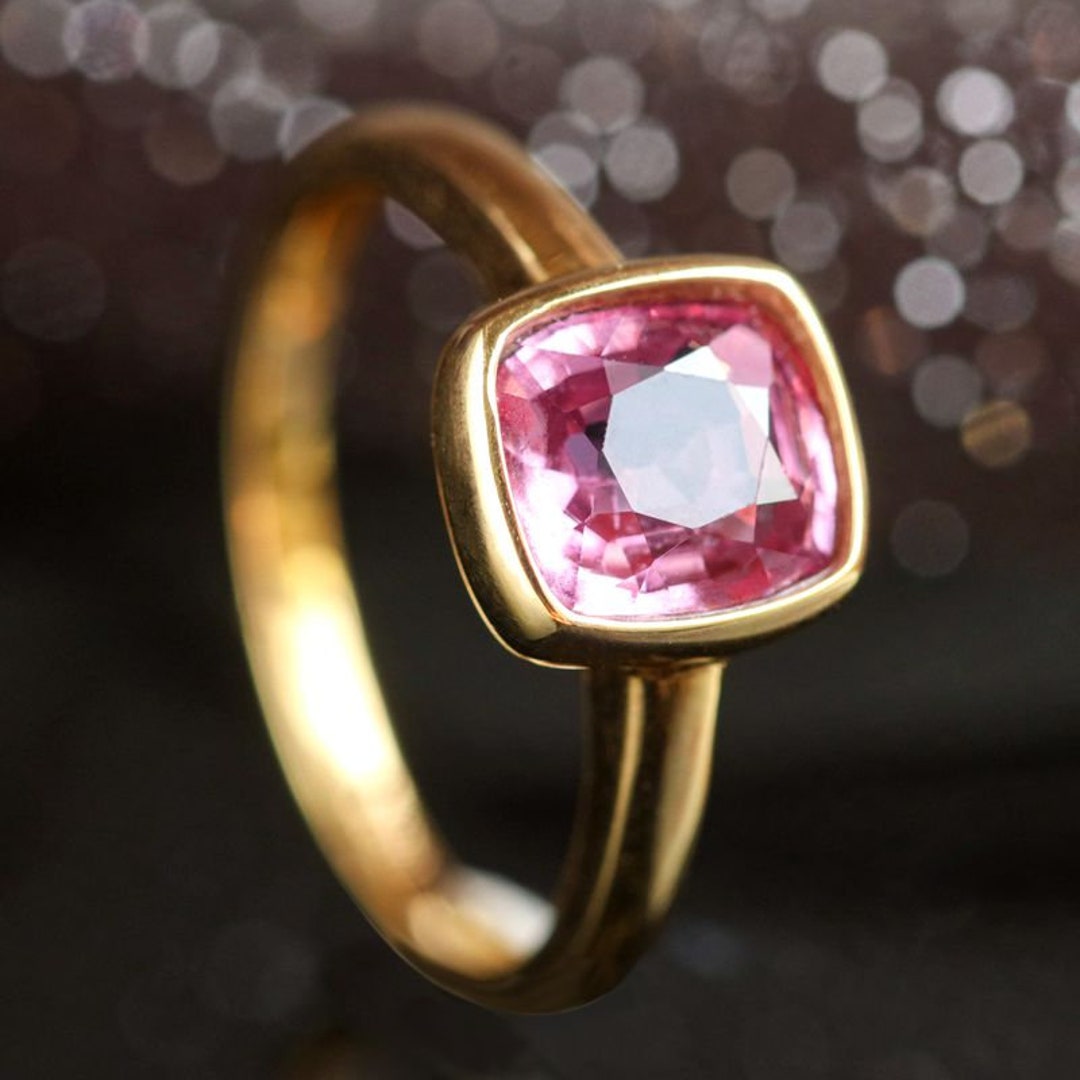 1.1ct Natural Pink Peach Spinel Cushion Cut Ring | 18K Solid Gold Gold ...