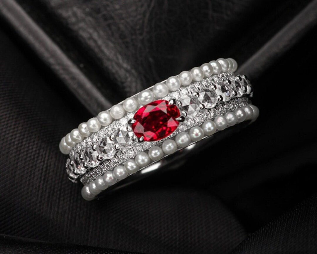 Pigeon Blood Ruby Platinum 950 Ring / Chaneel Set Diamonds Baby Pearls ...