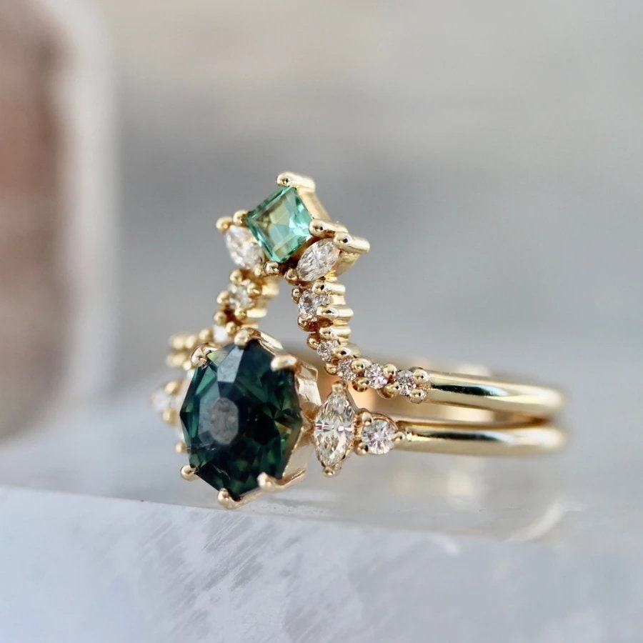Rituals Geo Cut Teal Green Sapphire & Diamond Ring 18K Solid - Etsy