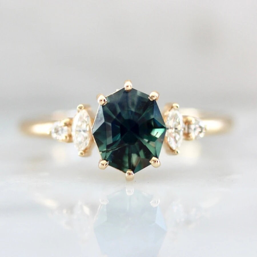 Rituals Geo Cut Teal Green Sapphire & Diamond 14K Yellow Gold | Etsy