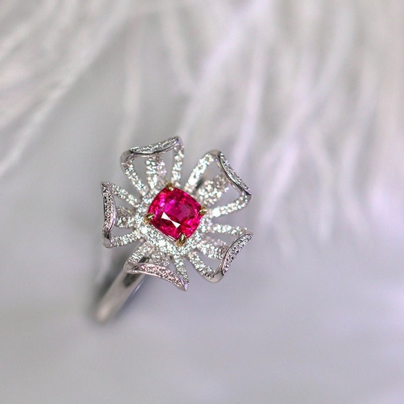 Flower Spinel 18k Gold Ring With White Diamond Ring 18K - Etsy