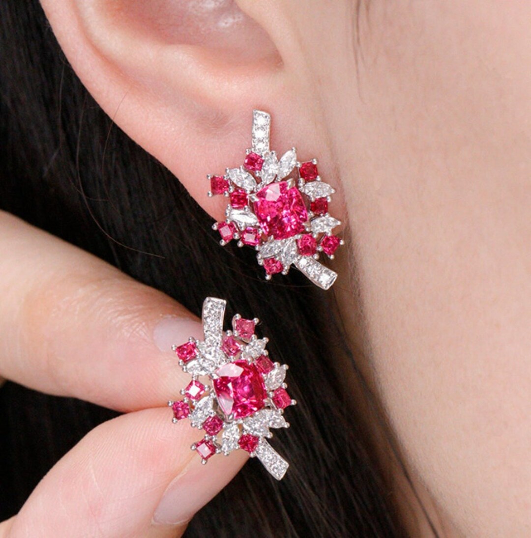 Natural Pink Spinel 18K Gold Earrings, 18K Solid White Gold Diamonds ...