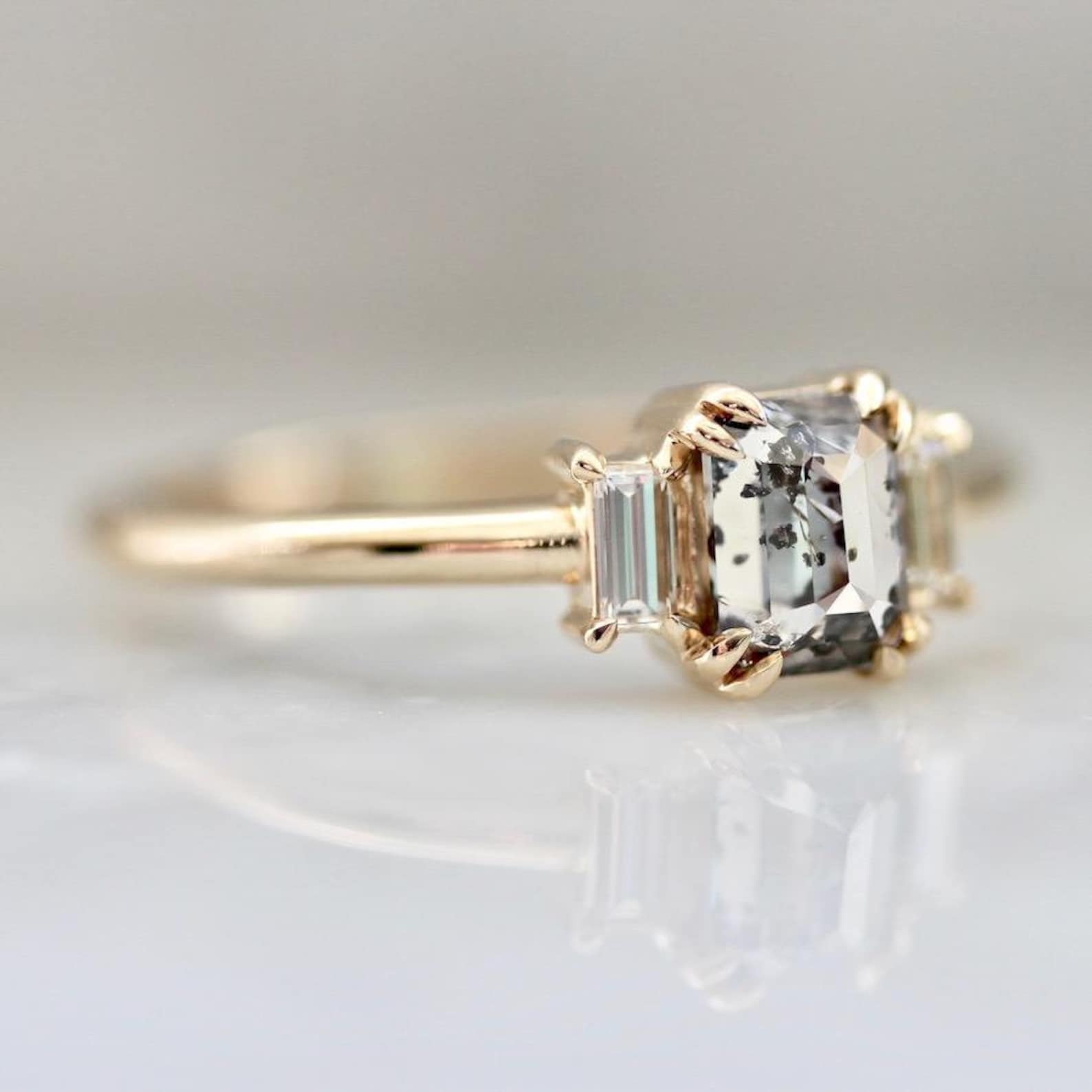 Emerald Cut Salt and Pepper Diamond 18K Yellow Gold Handmade Etsy