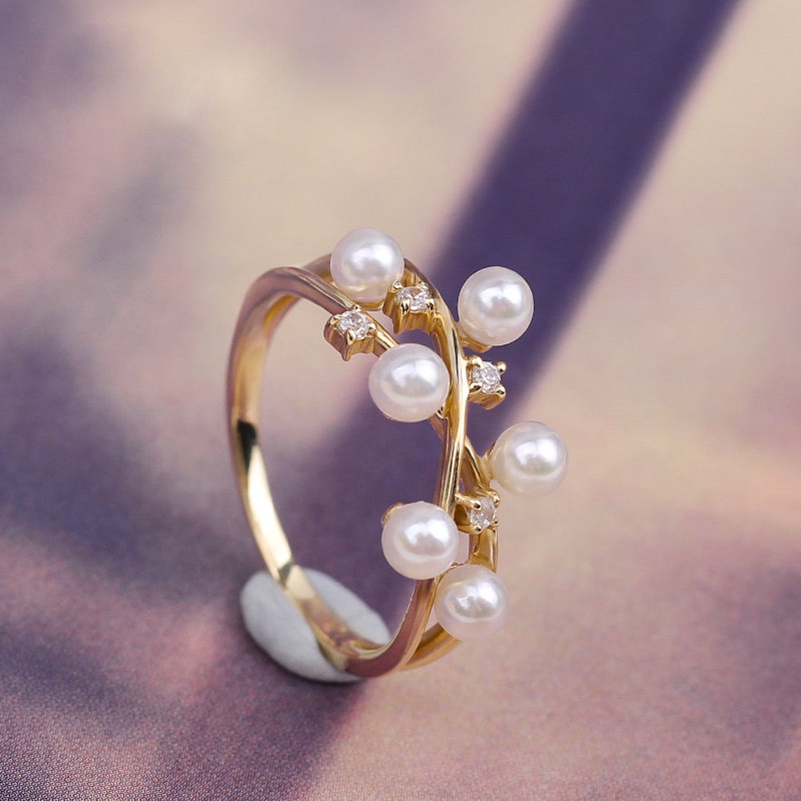 Six Akoya Pearl From Seawater & Natural White Diamond Ring Etsy
