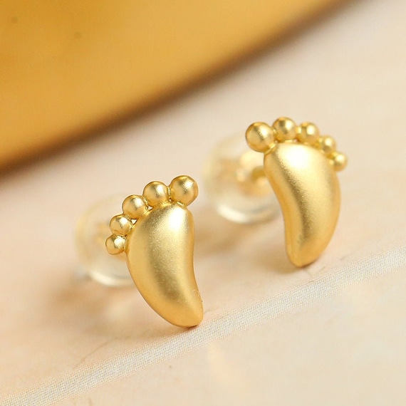 Baby Foot 18K Gold Earrings 18K Solid Yellow Gold Baby Feet Earrings Baby Gift Born Gift Birthday Gift Idea Brushed Finished Earrings Etsy