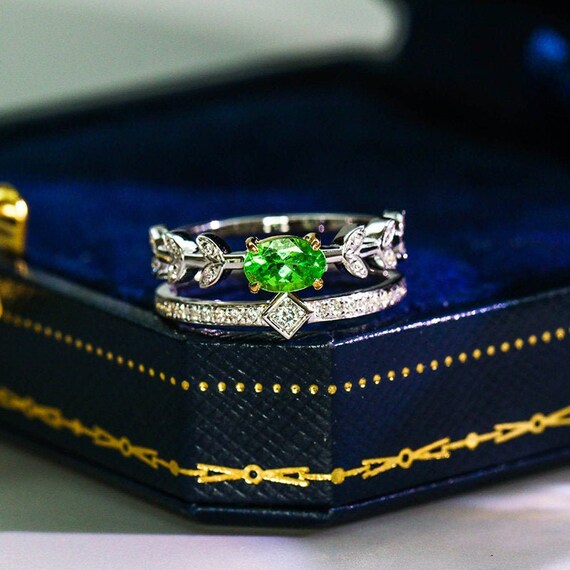 Natural Tsavorite Pear Shape White Diamond Ring 18k Solid Etsy