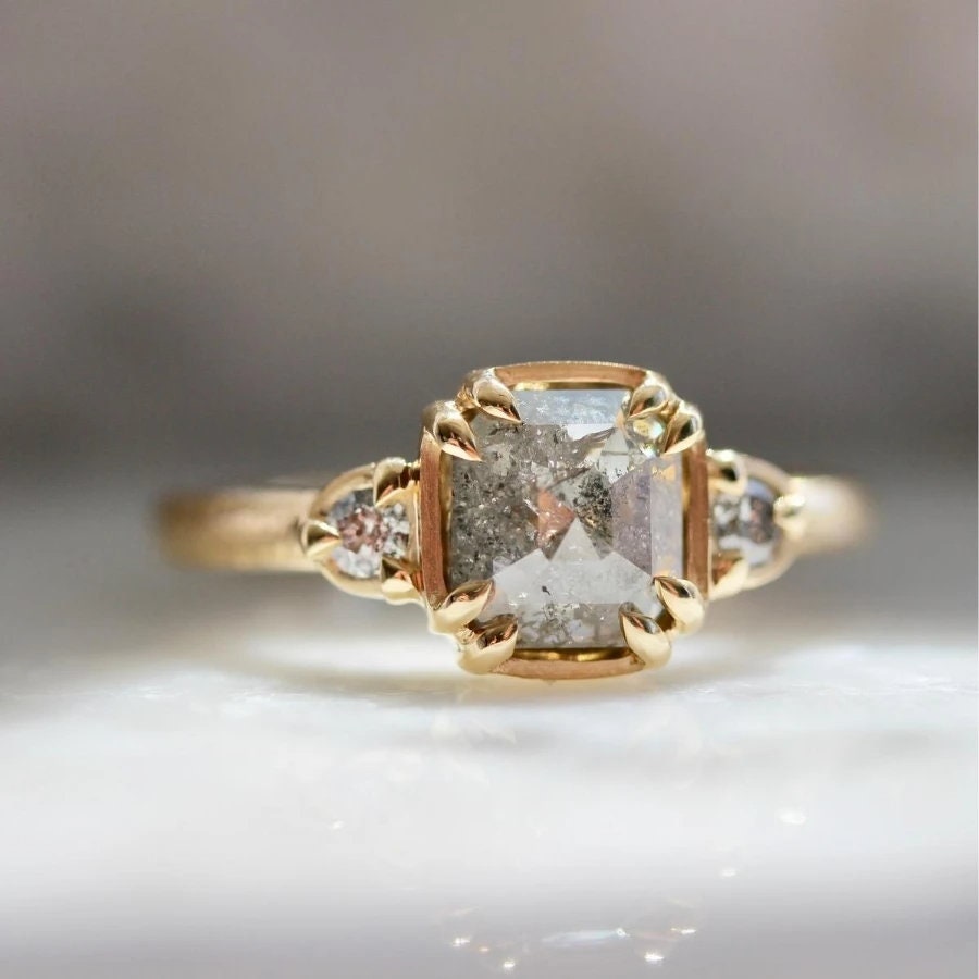 1.3ct Emerald Cut Salt and Pepper Diamond Ring 18K Yellow Gold | Etsy