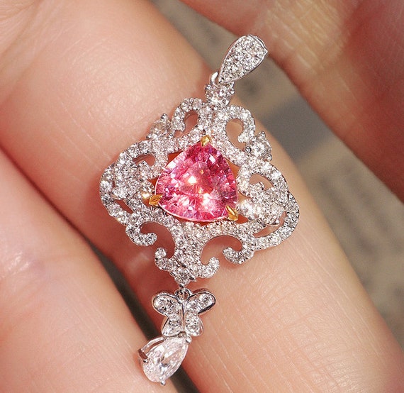 Natural Pink Peach Sapphire Trillion Cut White Diamond 18K Solid