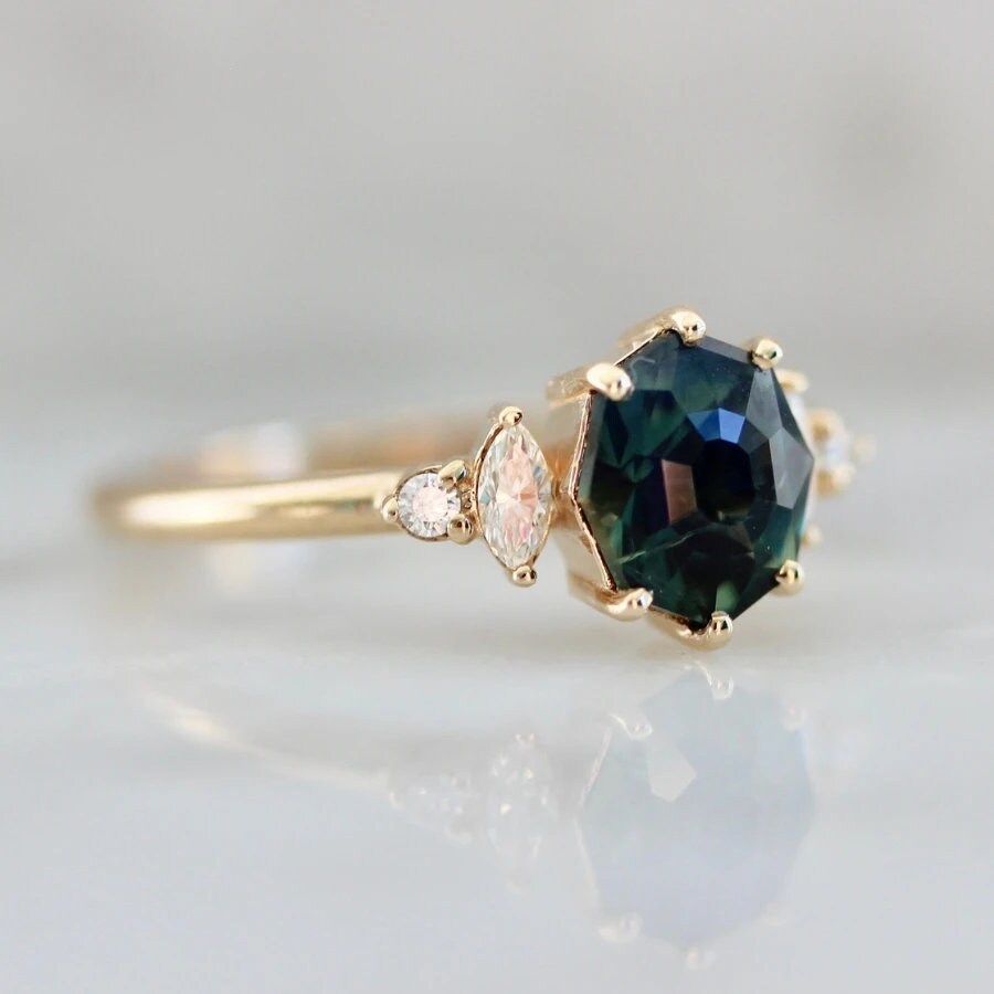 Rituals Geo Cut Teal Green Sapphire & Diamond Ring 18K Solid - Etsy