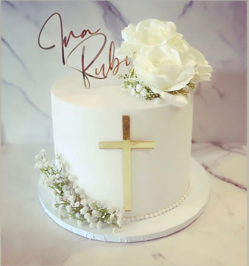 Personalized Name Cake Charm & Cross Custom Christening Cake Topper Baptism Decor Laser Cut Name Cake Plaque Mirror Acrylic, Available Sizes zdjęcie 5