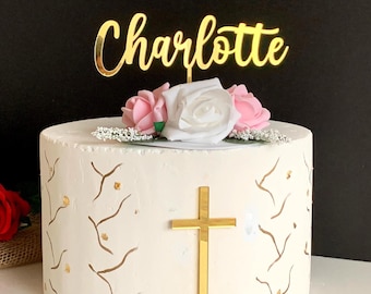 Custom Name Cake Topper & Cross Cake Charm - Personalized Baptism Decor - First Holy Communion