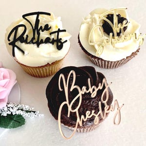 Nom personnalisé breloques pour gâteau, noms découpés au laser, mini décoration de petit gâteau d'anniversaire, mots personnalisés, mariage, Mr et Mme, étiquettes de fête, décorations de baby shower