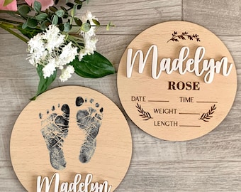 Custom Baby Footprint Sign - Personalized Baby Name Announcement Signs with Birth Stats