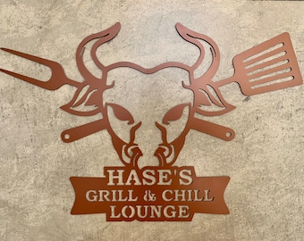 Personalized Metal Barbecue Name Sign, Dad's BBQ, Grill & Chill Lounge, Custom Outdoor, Porch, Father's Gift, Grilling Bull Head Porch Decor