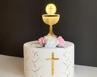 Chalice Cup Cake Topper, Laser Cut Chalice en Cross Cake Charm Eerste Heilige Communie, Dooptaart Topper, Doop, alle kleuren en maten