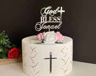 Personalized God Bless Cake Topper with Custom Name & Separate Cross Charm - Available Colors