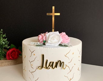 Personalized Name Cake Charm & Acrylic Cross Cake Topper - Custom Christening, Baptism, or Communion Decor