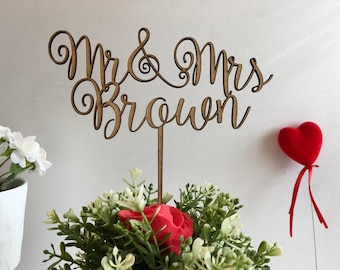 Wedding Cake Topper Mr & Mrs Rustic Decoration Personalized Calligraphy Boho Wooden Centerpiece Last Name Cupcake Bride Groom Mirror Acrylic