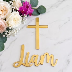 Colgante para pastel con nombre y cruz personalizados, decoración personalizada para bautizos y comuniones, acrílico o madera.