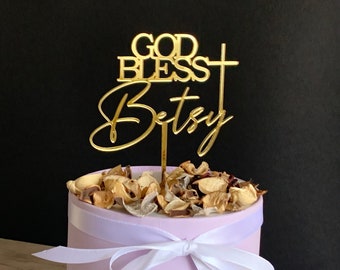 Gepersonaliseerde God Bless Cake Topper Aangepaste naam & Cross Doop Cake Topper Eerste communie Cake Topper Doop Cake Topper Bevestiging