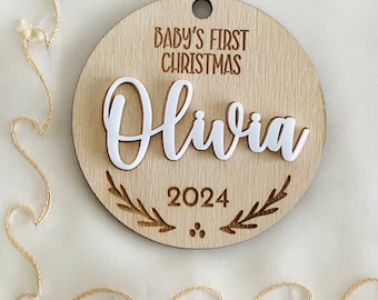 Personalized Baby's First Christmas Ornament 2026 with Leaves - Custom Name Bauble