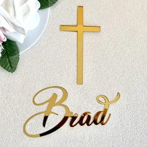 Personalized Name Cake Charm & Cross Custom Christening Cake Topper Baptism Decor Laser Cut Name Cake Plaque Mirror Acrylic, Available Sizes