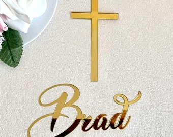 Personalized Name Cake Charm & Cross Custom Christening Cake Topper Baptism Decor Laser Cut Name Cake Plaque Gold Mirror Acrylic Name - View #5