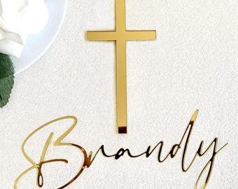 Personalized Name and Cross Cake Topper, Custom Baptism Christening Cake Decoration