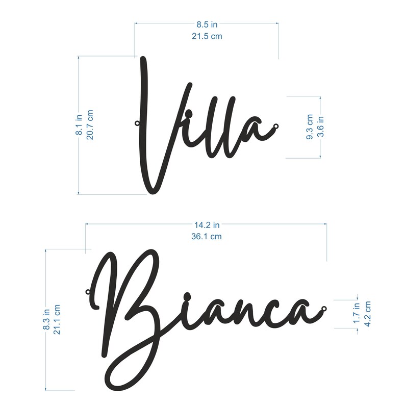 May include: Two black metal wall signs with the names "Villa" and "Bianca" in cursive script. The signs are 8.5 inches by 9.3 inches and 8.3 inches by 14.2 inches.