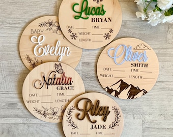 Baby Announcement Sign Personalized Name Baby Birth Stats Wooden Birth Announcement Disc Baby Arrival Sign Baby Name Plaque, Custom Design