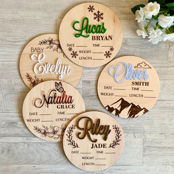 Baby Announcement Sign Personalized Name Baby Birth Stats Wooden Birth Announcement Disc Baby Arrival Sign Baby Name Plaque, Custom Design