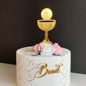 Topper per torta a forma di calice personalizzato, ciondolo per torta con nome personalizzato, taglio laser, nome per prima comunione, decorazione religiosa, battesimo.