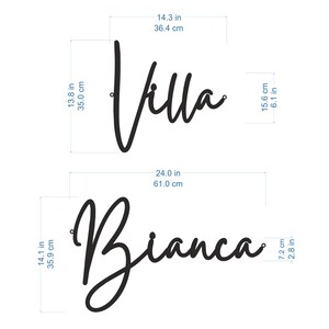 May include: Two black metal wall decor pieces with the names "Villa" and "Bianca" in a cursive script font. The measurements are in inches and centimeters.