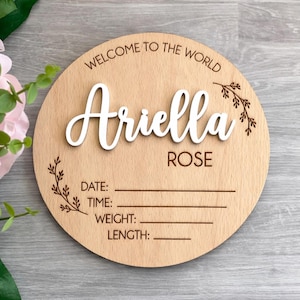 Aangepast bord met babyaankondiging - gepersonaliseerde houten plaquette met naam en geboortestatistieken - Welcome to the World