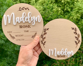 Baby Announcement Sign & Custom Name | Newborn Birth Stats Plaque with Space for Engraved Footprints