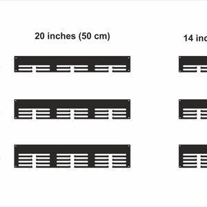 Pu&ograve; includere: Uno schema che mostra diverse dimensioni e configurazioni di griglie di ventilazione in metallo nero. Le griglie di ventilazione sono disponibili in lunghezze di 20 pollici (50 cm) e 14 pollici (34 cm) e sono disponibili in 2, 3 e 4 file di griglie.