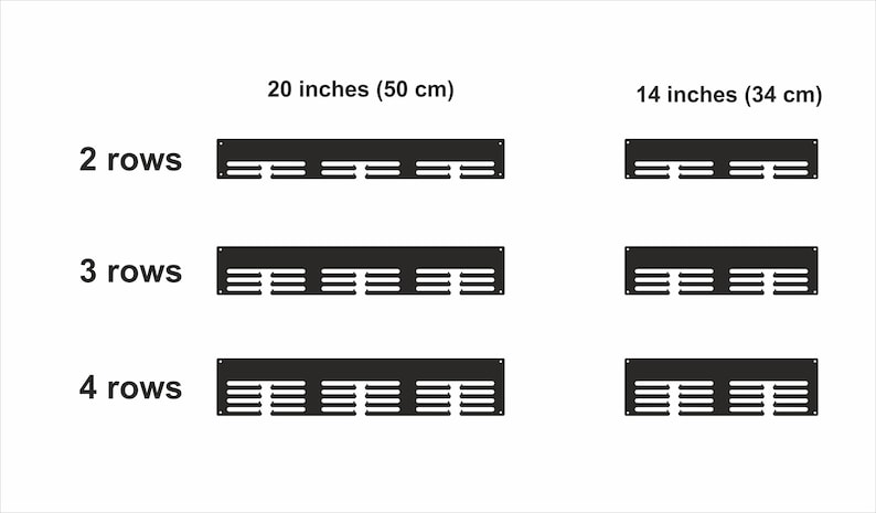 Pu&ograve; includere: Uno schema che mostra diverse dimensioni e configurazioni di griglie di ventilazione in metallo nero. Le griglie di ventilazione sono disponibili in lunghezze di 20 pollici (50 cm) e 14 pollici (34 cm) e sono disponibili in 2, 3 e 4 file di griglie.